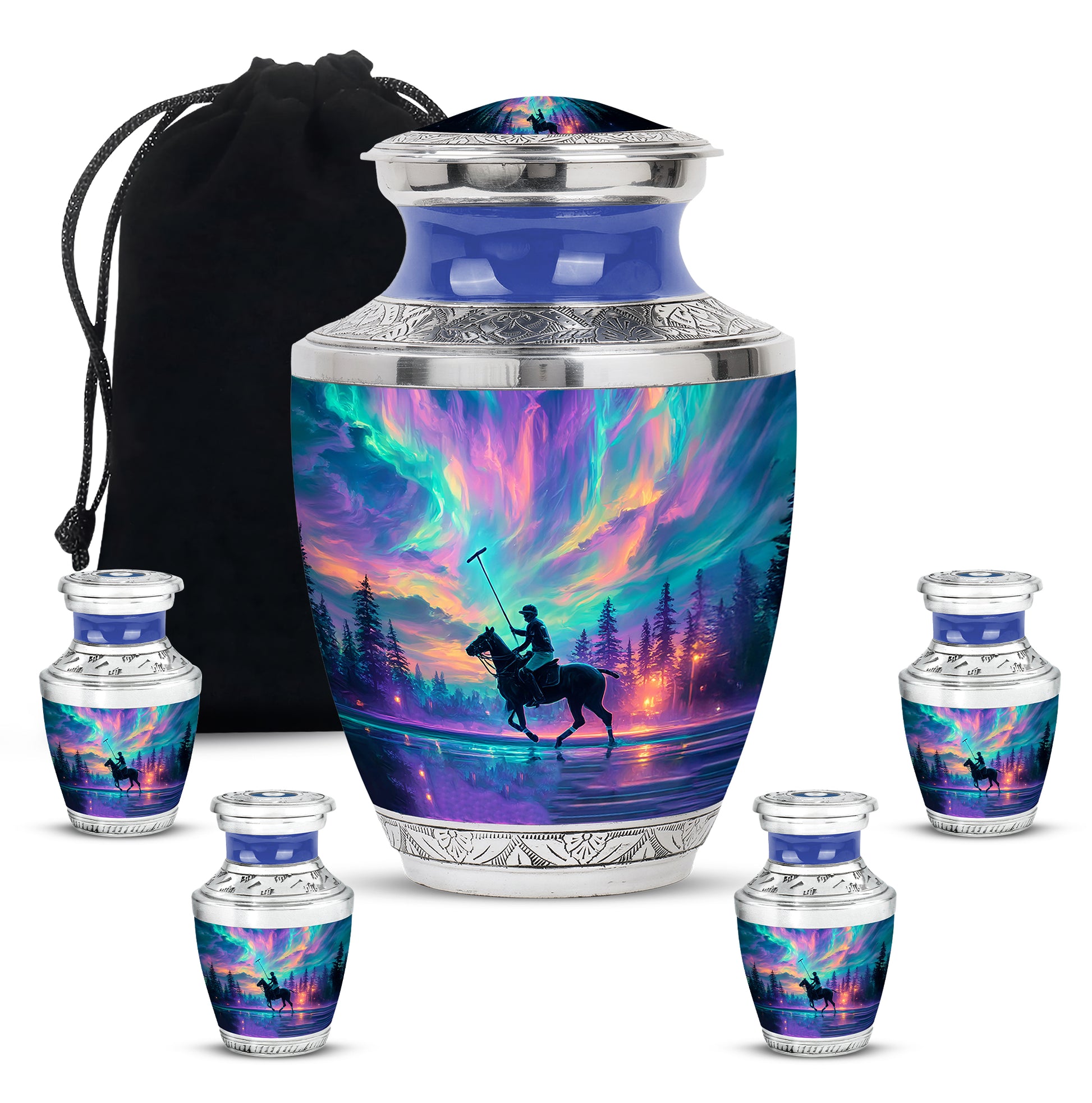 Steel Blue Horse Polo Cremation Urn lifestyle display on memorial shelf - stylized abstract horse polo pattern with bold lines - memorial set with one large and four small urns