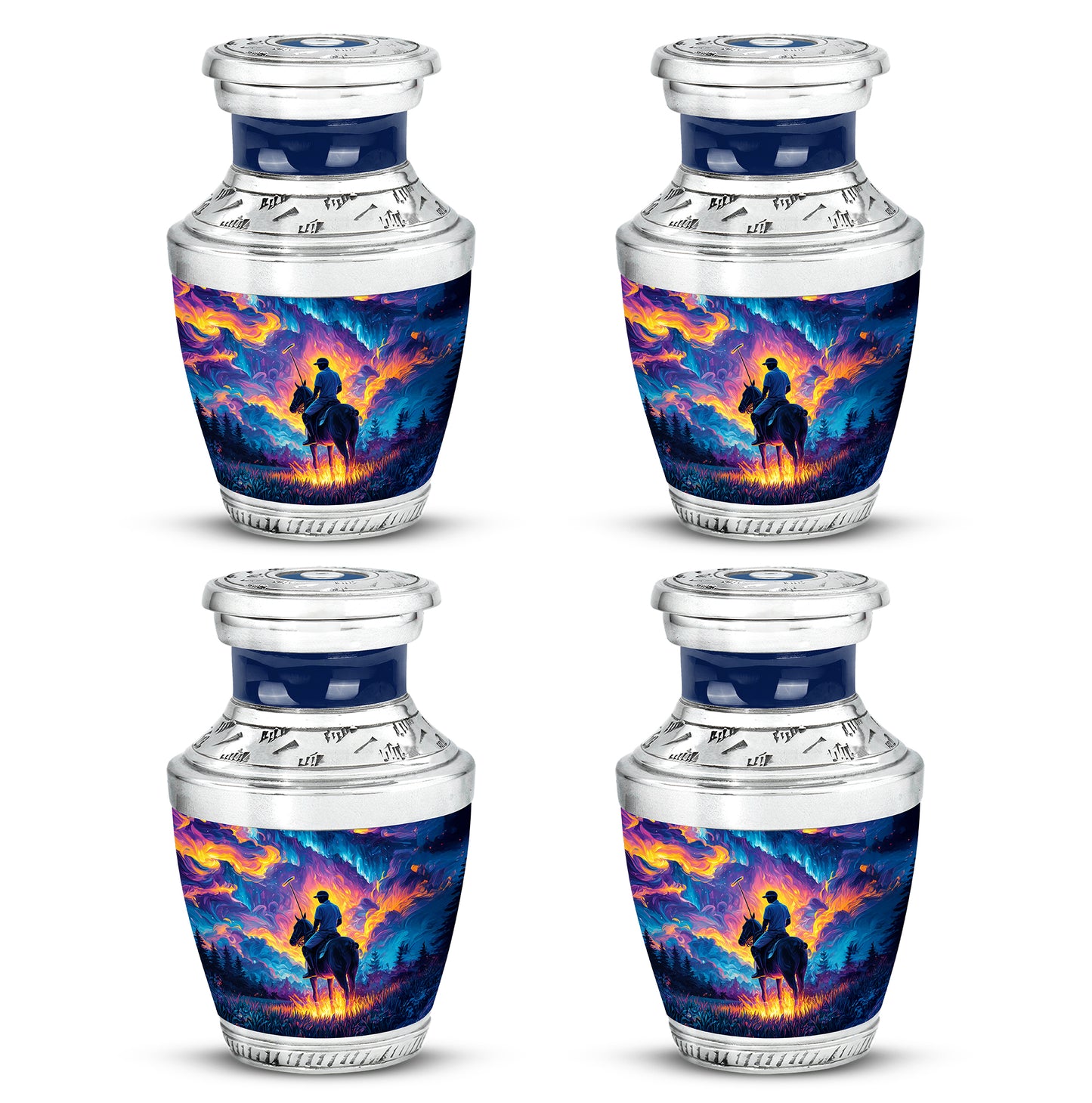 Navy Blue Horse Polo Cremation Urn back view with polished surface - modern art-inspired horse polo motif on sleek aluminum - 10 inch aluminum urn for cremated remains