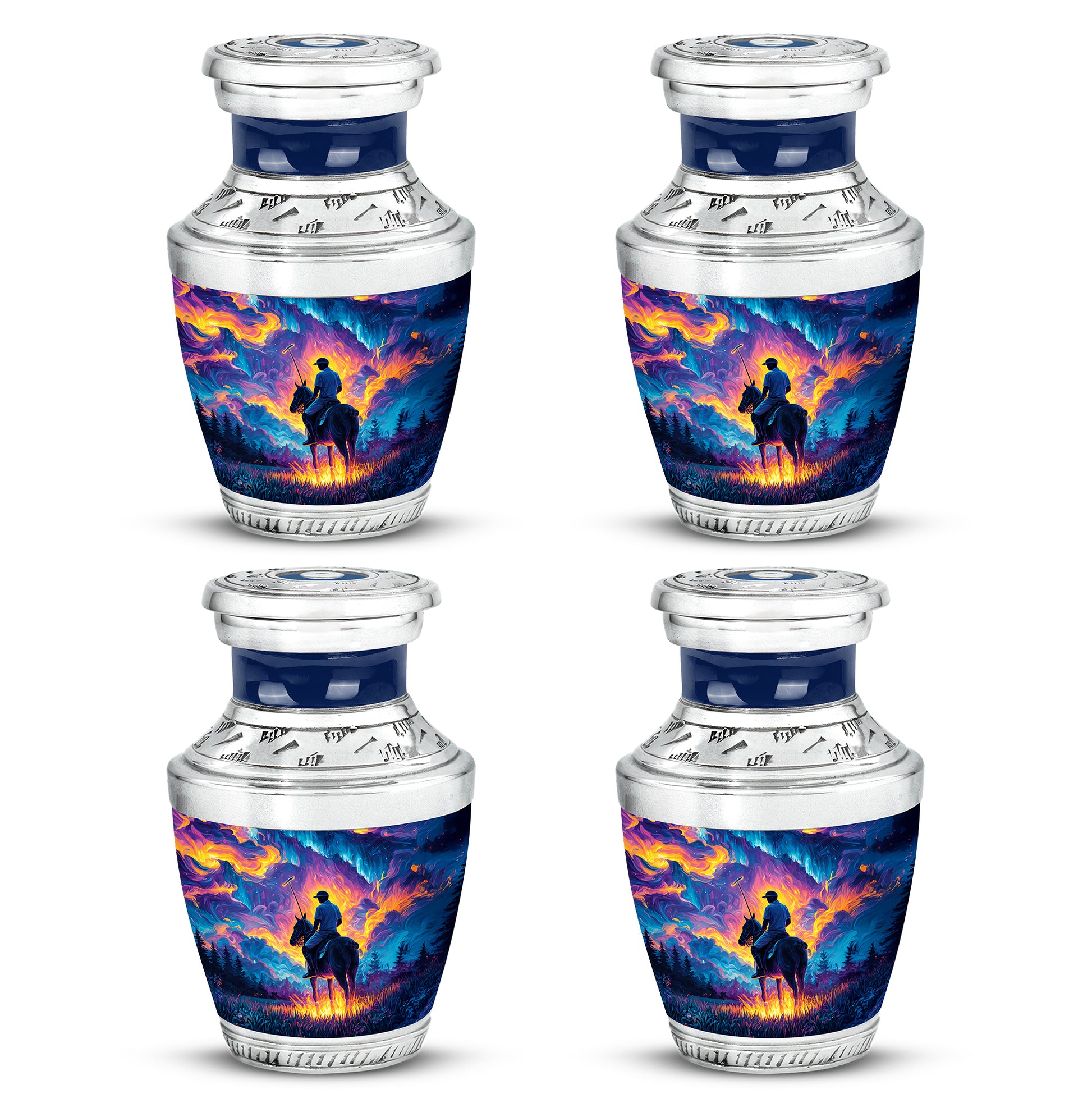 Navy Blue Horse Polo Cremation Urn back view with polished surface - modern art-inspired horse polo motif on sleek aluminum - 10 inch aluminum urn for cremated remains