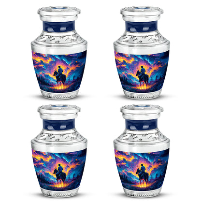 Navy Blue Horse Polo Cremation Urn back view with polished surface - modern art-inspired horse polo motif on sleek aluminum - 10 inch aluminum urn for cremated remains