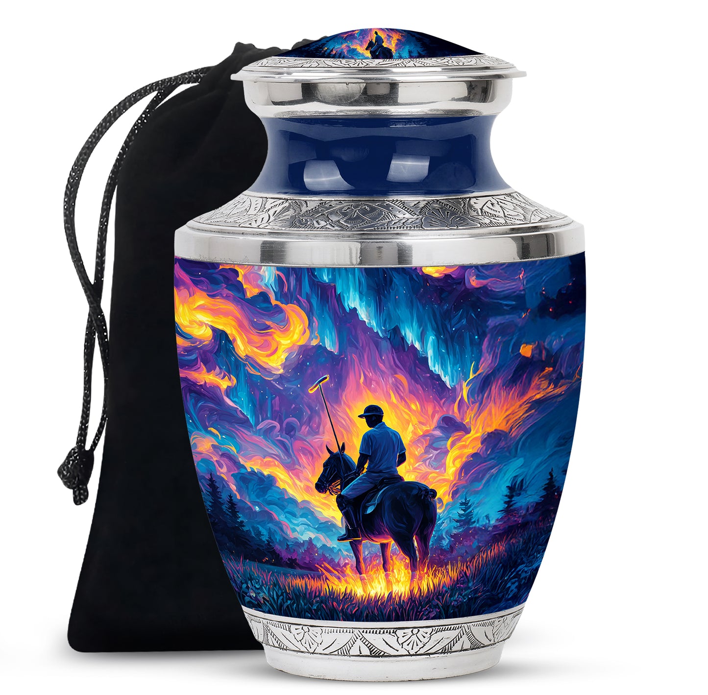 Celestial Blue Horse Polo Cremation Urn side profile showing urn shape - modern art-inspired horse polo motif on sleek aluminum - full-size 10 inch 200 cubic inch adult cremation urn
