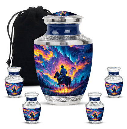 Cobalt Blue Horse Polo Cremation Urn lifestyle display on memorial shelf - artistic horse polo interpretation with creative detail - memorial set with one large and four small urns