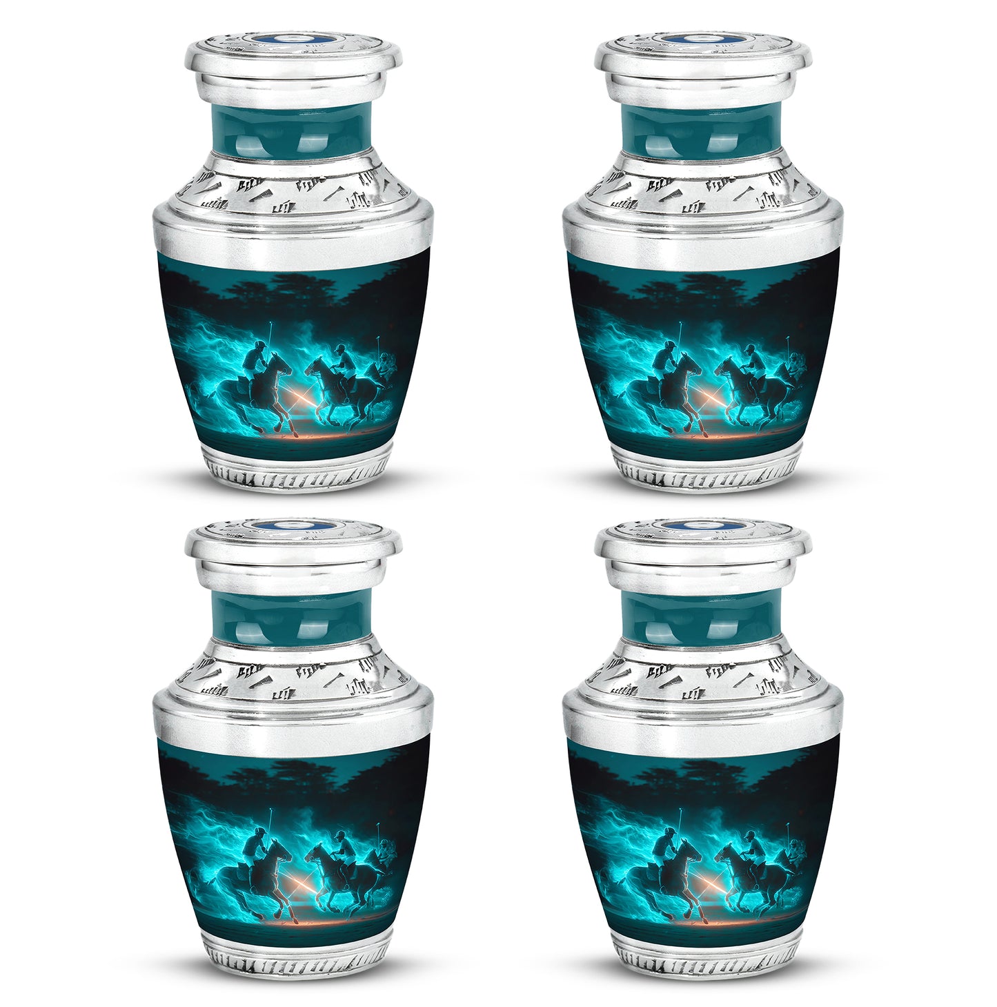 Sea Green Teal Horse Polo Cremation Urn back view with polished surface - contemporary horse polo design with modern artistic flair - 10 inch aluminum urn for cremated remains