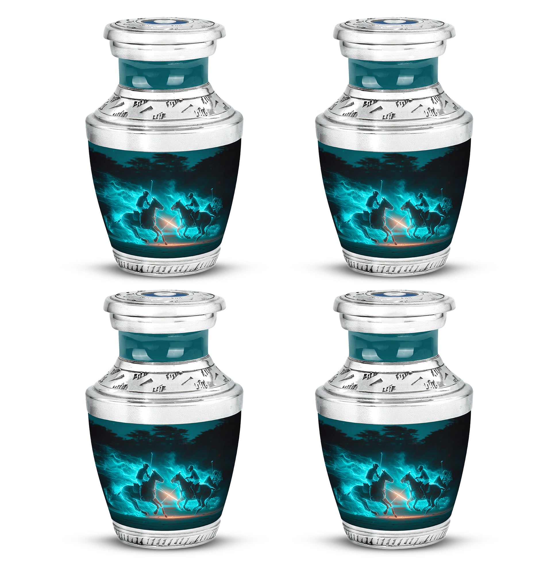 Sea Green Teal Horse Polo Cremation Urn back view with polished surface - contemporary horse polo design with modern artistic flair - 10 inch aluminum urn for cremated remains