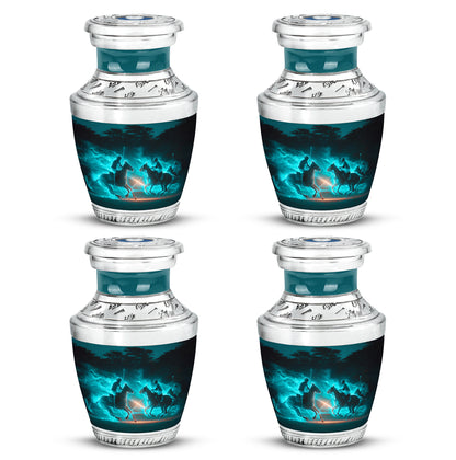 Sea Green Teal Horse Polo Cremation Urn back view with polished surface - contemporary horse polo design with modern artistic flair - 10 inch aluminum urn for cremated remains