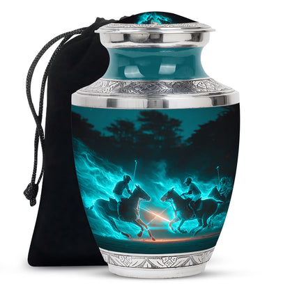 Soft Teal Horse Polo Cremation Urn side profile showing urn shape - modern art-inspired horse polo motif on sleek aluminum - full-size 10 inch 200 cubic inch adult cremation urn