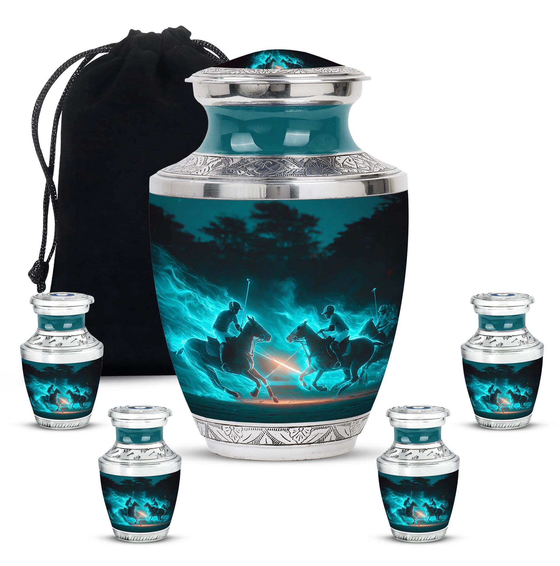 Cool Teal Horse Polo Cremation Urn lifestyle display on memorial shelf - contemporary horse polo design with modern artistic flair - memorial set with one large and four small urns