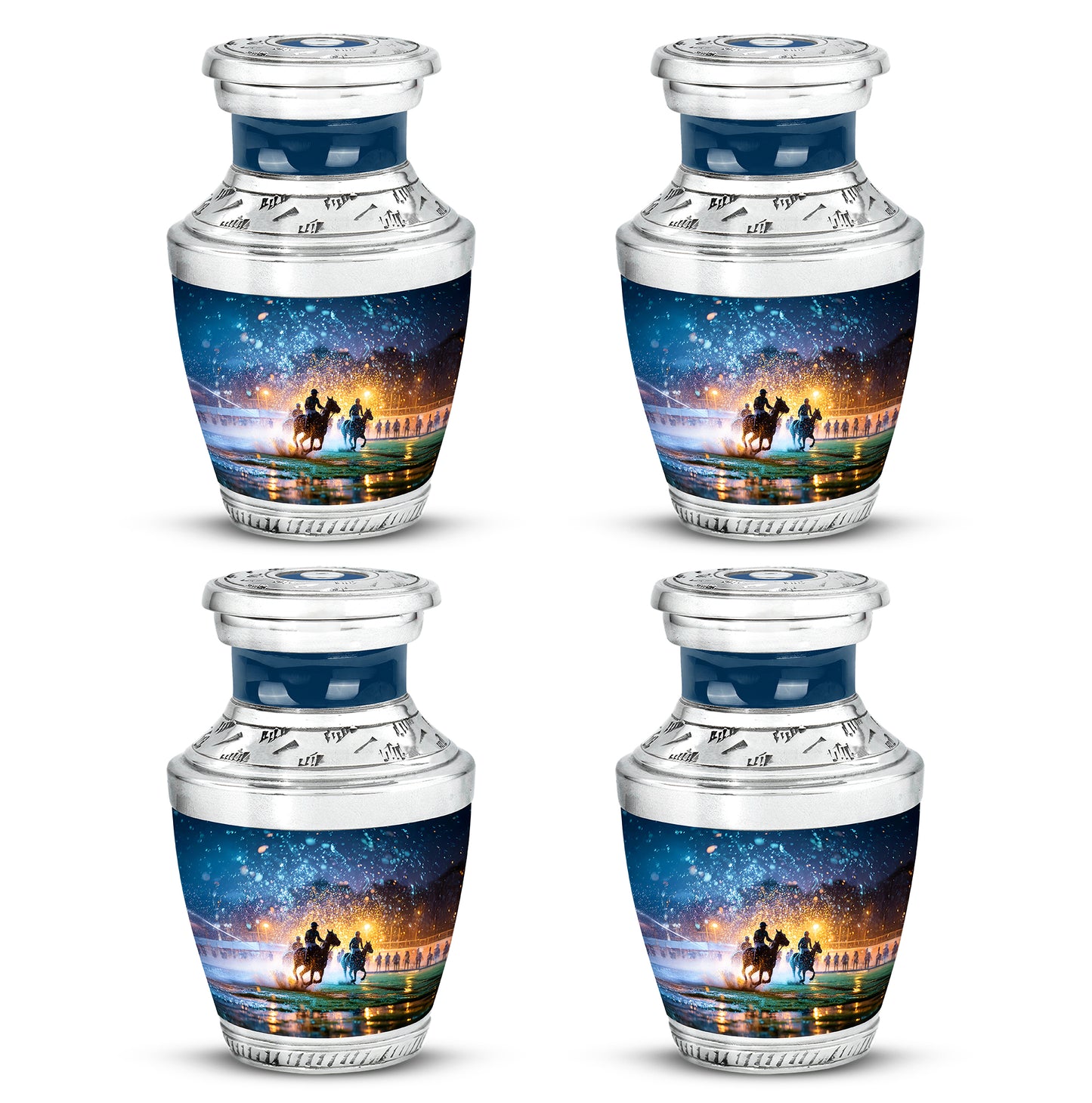 Slate Blue Horse Polo Cremation Urn back view with polished surface - modern art-inspired horse polo motif on sleek aluminum - 10 inch aluminum urn for cremated remains