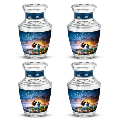 Slate Blue Horse Polo Cremation Urn back view with polished surface - modern art-inspired horse polo motif on sleek aluminum - 10 inch aluminum urn for cremated remains
