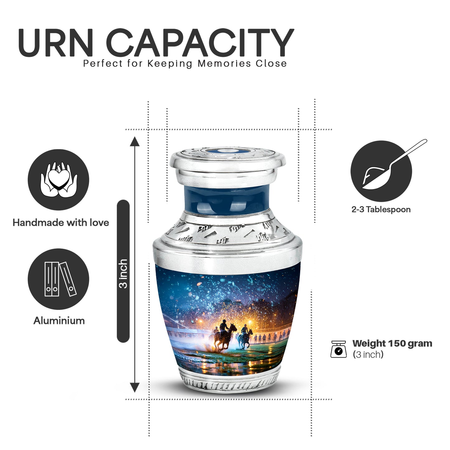 Sapphire Blue Horse Polo Cremation Urn top-down view of secure threaded lid - artistic horse polo interpretation with creative detail - mini keepsake memorial for portion of cremation ashes