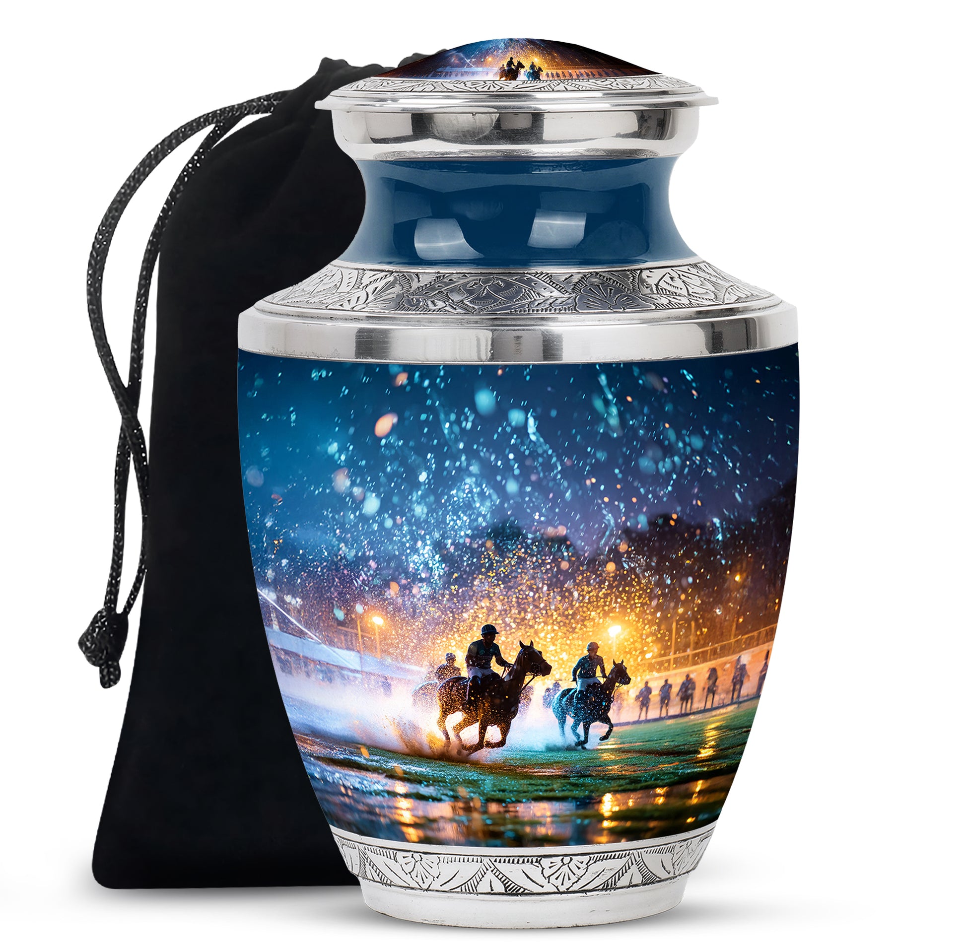 Sapphire Blue Horse Polo Cremation Urn side profile showing urn shape - artistic horse polo interpretation with creative detail - full-size 10 inch 200 cubic inch adult cremation urn