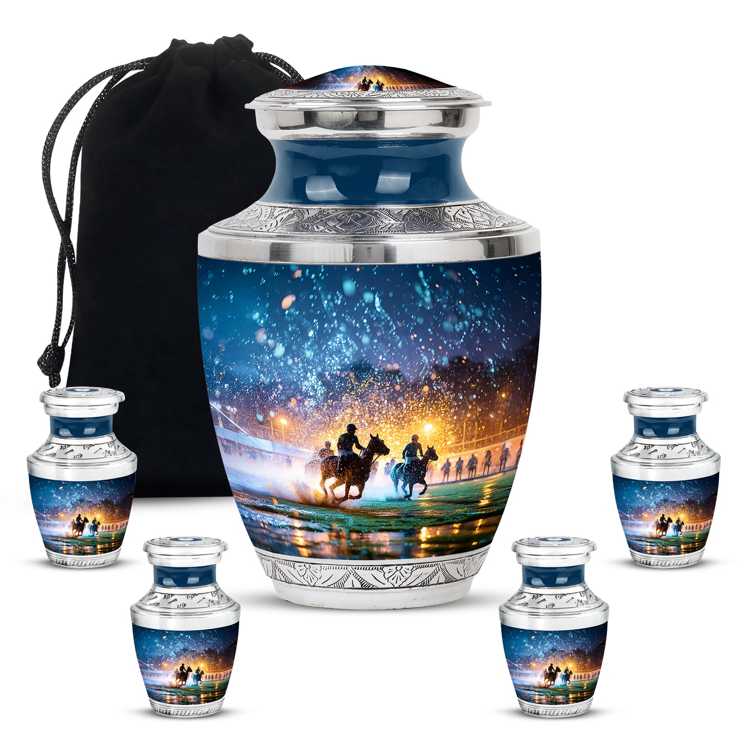 Calming Blue Horse Polo Cremation Urn lifestyle display on memorial shelf - stylized abstract horse polo pattern with bold lines - memorial set with one large and four small urns