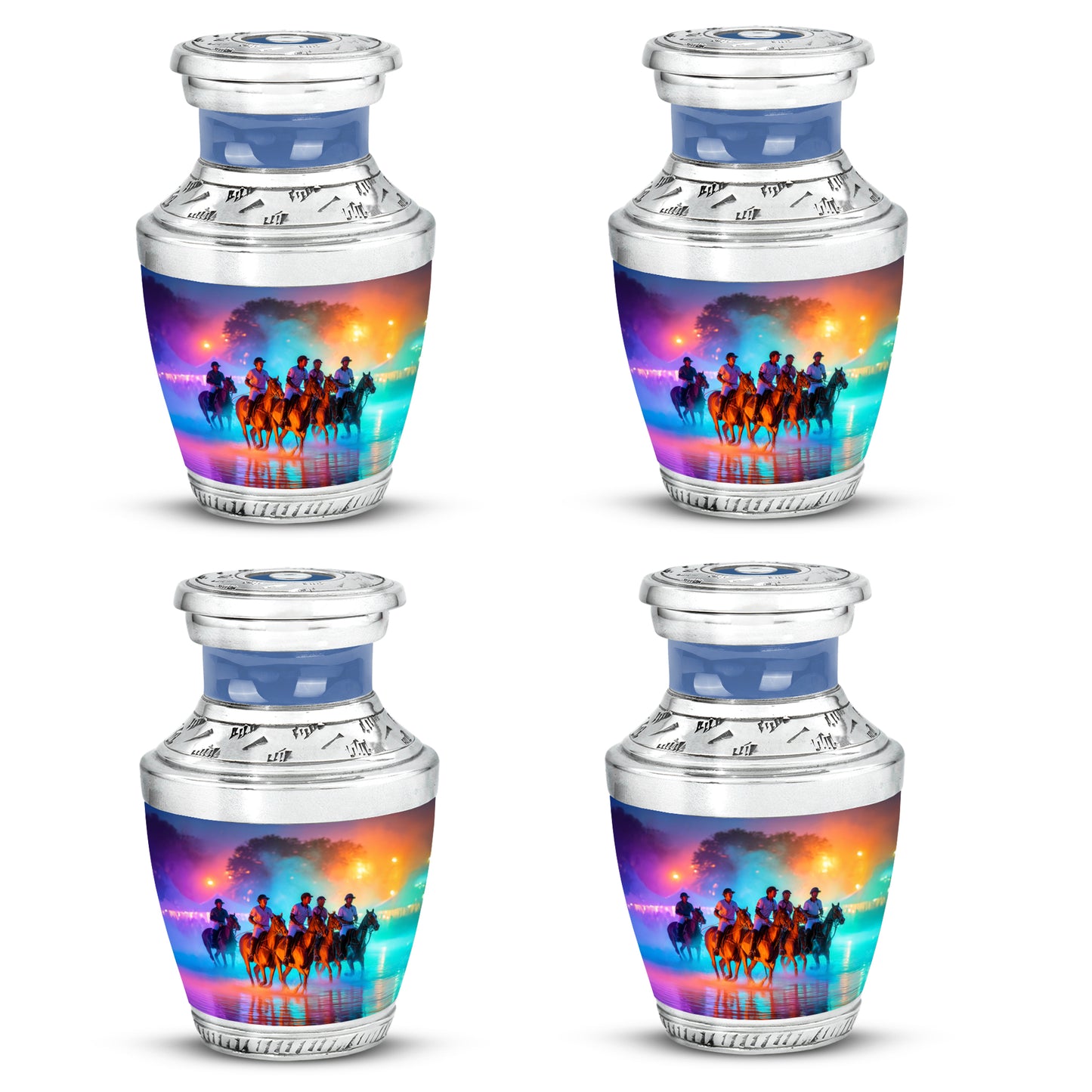 Deep Purple Horse Polo Cremation Urn back view with polished surface - modern art-inspired horse polo motif on sleek aluminum - 10 inch aluminum urn for cremated remains