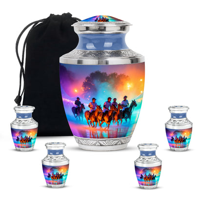 Twilight Purple Horse Polo Cremation Urn lifestyle display on memorial shelf - artistic horse polo interpretation with creative detail - memorial set with one large and four small urns