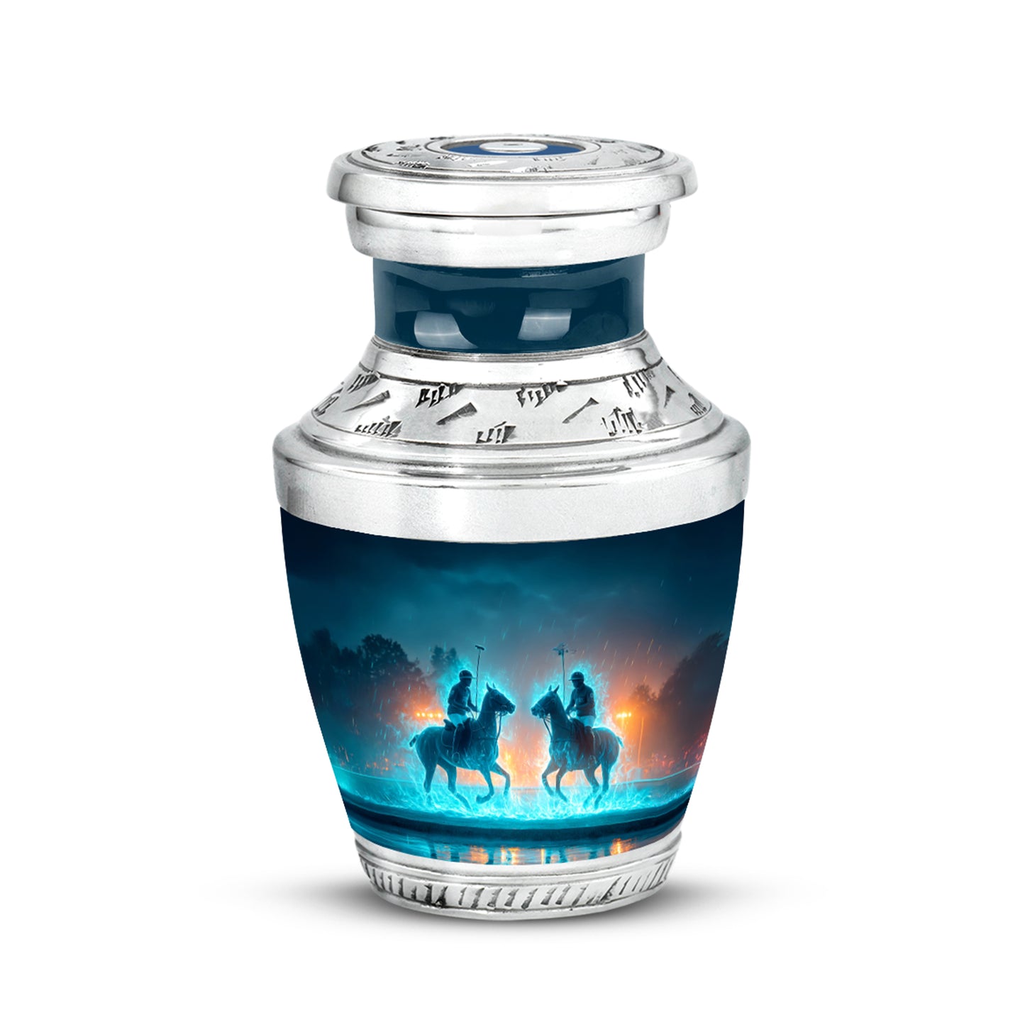 Blue Stately Horse Polo Cremation Urns for Human Ashes - 10-inch, 200 cu in - Yatskia