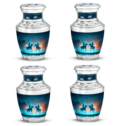 Celestial Blue Horse Polo Cremation Urn back view with polished surface - contemporary horse polo design with modern artistic flair - 10 inch aluminum urn for cremated remains