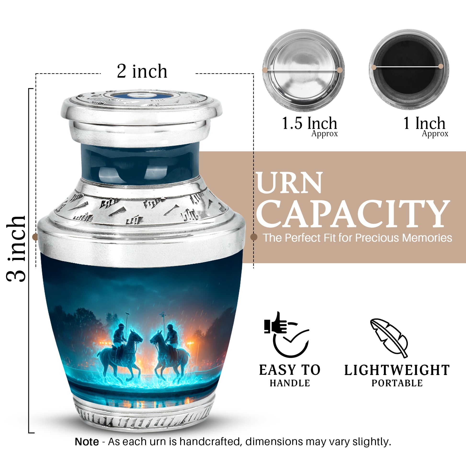 Serene Blue Horse Polo Cremation Urn top-down view of secure threaded lid - artistic horse polo interpretation with creative detail - mini keepsake memorial for portion of cremation ashes