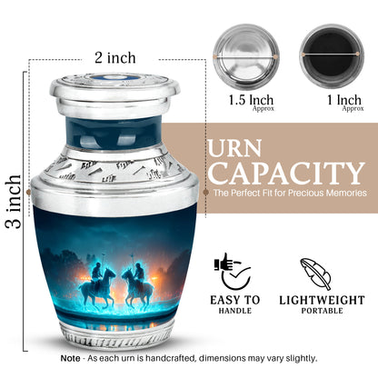 Serene Blue Horse Polo Cremation Urn top-down view of secure threaded lid - artistic horse polo interpretation with creative detail - mini keepsake memorial for portion of cremation ashes