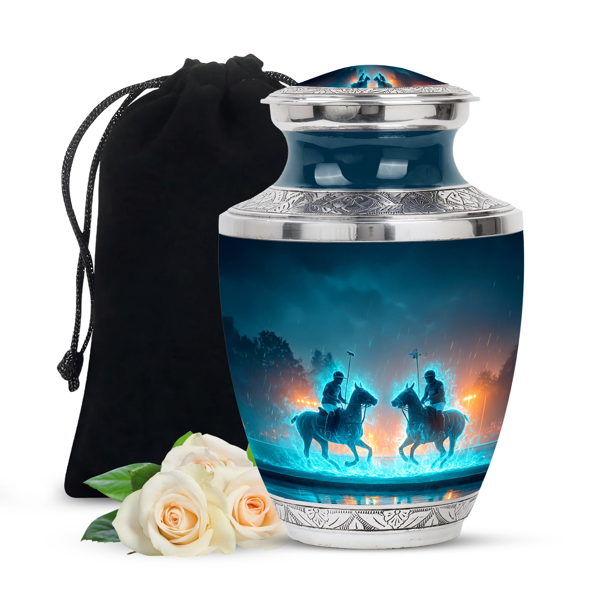 Slate Blue Horse Polo Cremation Urn side profile showing urn shape - modern art-inspired horse polo motif on sleek aluminum - full-size 10 inch 200 cubic inch adult cremation urn