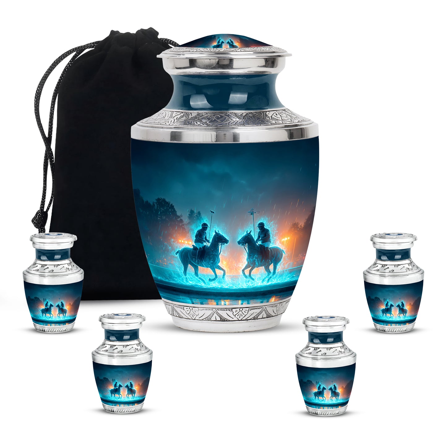 Twilight Blue Horse Polo Cremation Urn lifestyle display on memorial shelf - artistic horse polo interpretation with creative detail - memorial set with one large and four small urns