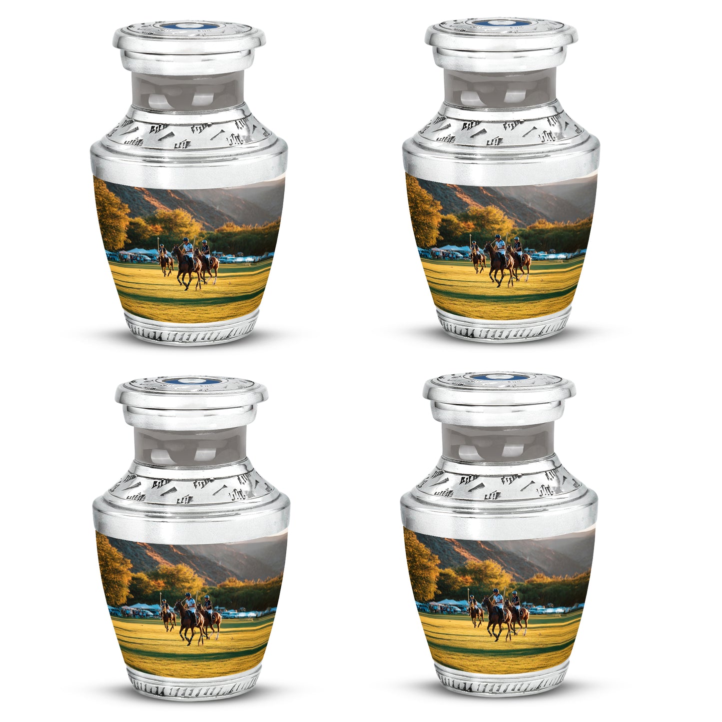 Antique Silver Horse Polo Cremation Urn back view with polished surface - artistic horse polo interpretation with creative detail - 10 inch aluminum urn for cremated remains