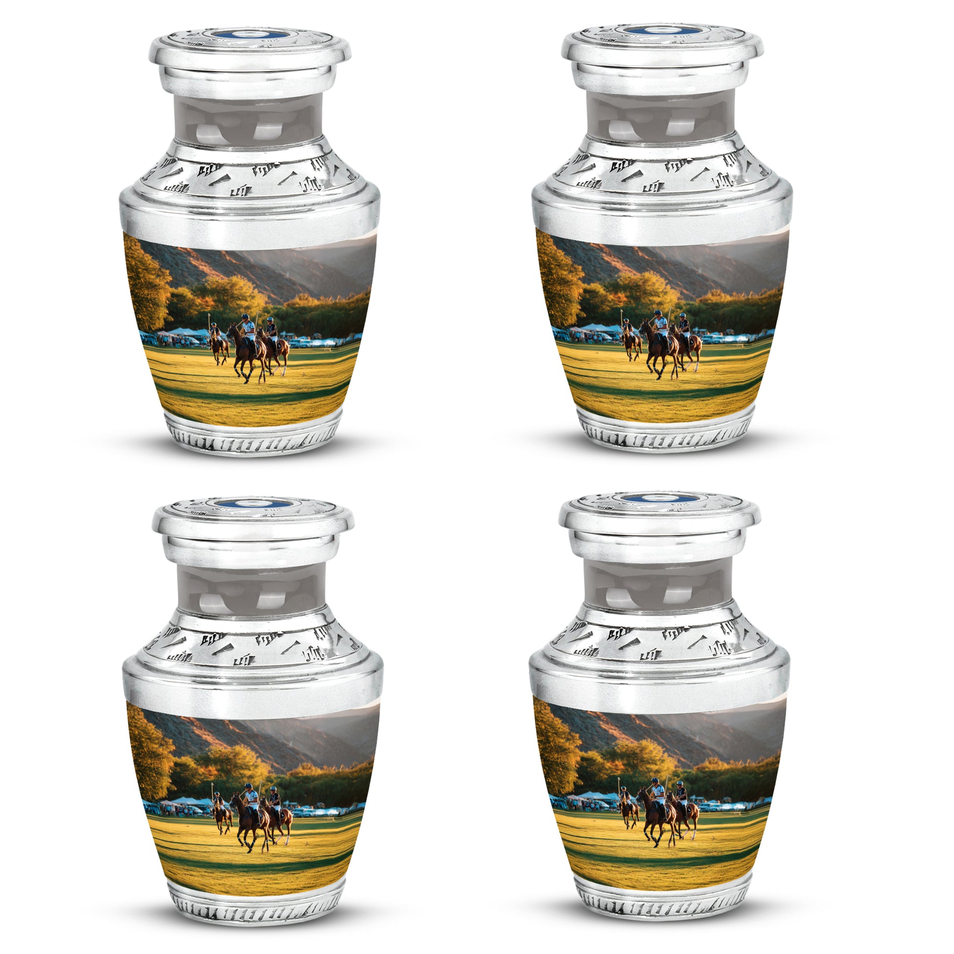 Antique Silver Horse Polo Cremation Urn back view with polished surface - artistic horse polo interpretation with creative detail - 10 inch aluminum urn for cremated remains