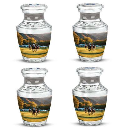 Antique Silver Horse Polo Cremation Urn back view with polished surface - artistic horse polo interpretation with creative detail - 10 inch aluminum urn for cremated remains