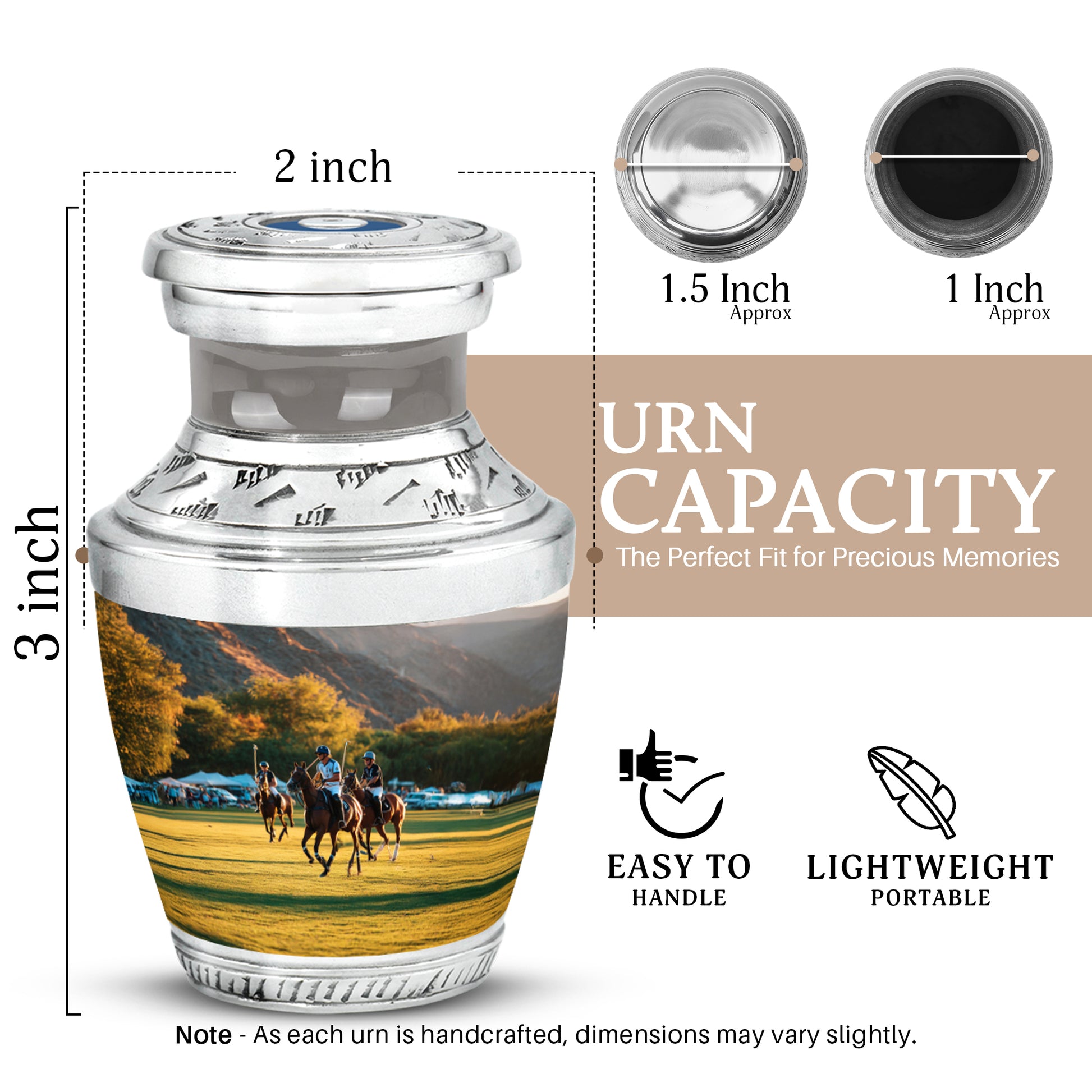 Polished Silver Horse Polo Cremation Urn top-down view of secure threaded lid - artistic horse polo interpretation with creative detail - mini keepsake memorial for portion of cremation ashes
