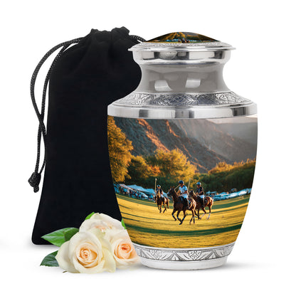 Brushed Silver Horse Polo Cremation Urn side profile showing urn shape - contemporary horse polo design with modern artistic flair - full-size 10 inch 200 cubic inch adult cremation urn