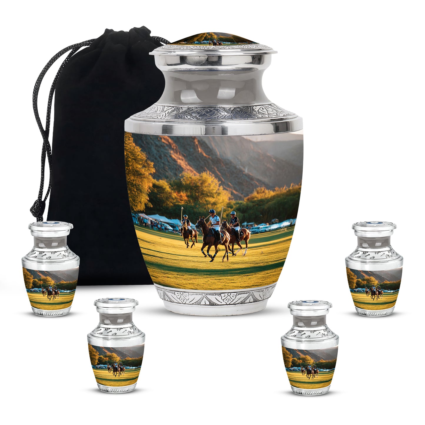 Gleaming Silver Horse Polo Cremation Urn lifestyle display on memorial shelf - modern art-inspired horse polo motif on sleek aluminum - memorial set with one large and four small urns