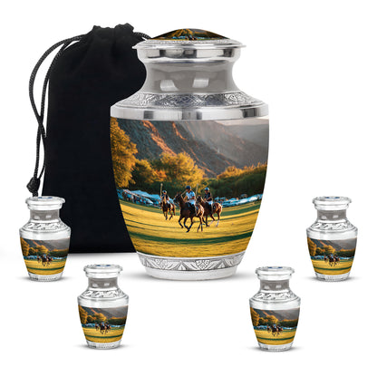 Gleaming Silver Horse Polo Cremation Urn lifestyle display on memorial shelf - modern art-inspired horse polo motif on sleek aluminum - memorial set with one large and four small urns