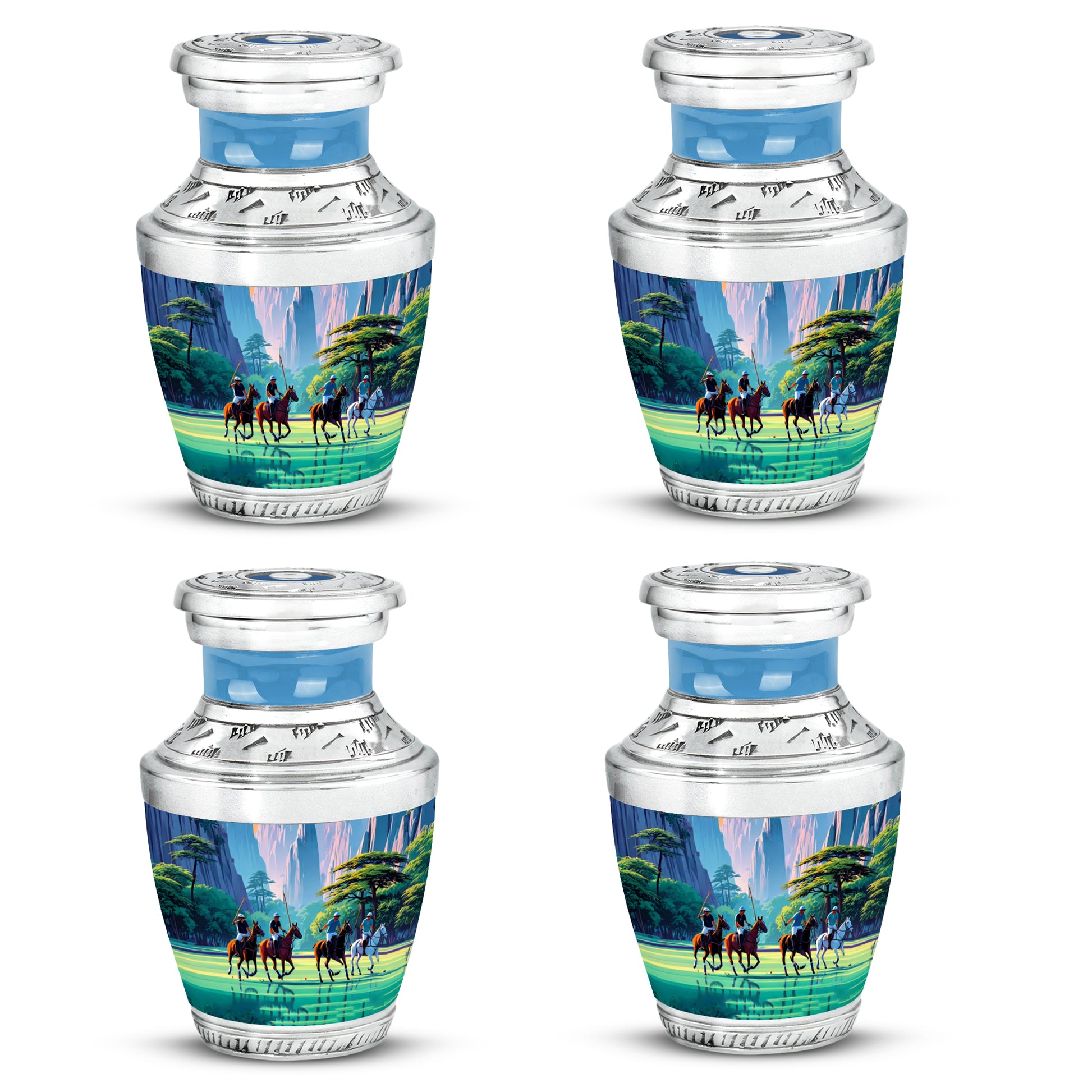 Indigo Horse Polo Cremation Urn back view with polished surface - contemporary horse polo design with modern artistic flair - 10 inch aluminum urn for cremated remains