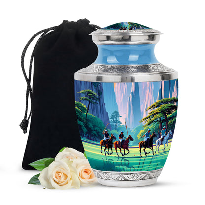 Powder Blue Horse Polo Cremation Urn side profile showing urn shape - modern art-inspired horse polo motif on sleek aluminum - full-size 10 inch 200 cubic inch adult cremation urn