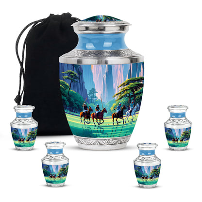 Twilight Blue Horse Polo Cremation Urn lifestyle display on memorial shelf - stylized abstract horse polo pattern with bold lines - memorial set with one large and four small urns