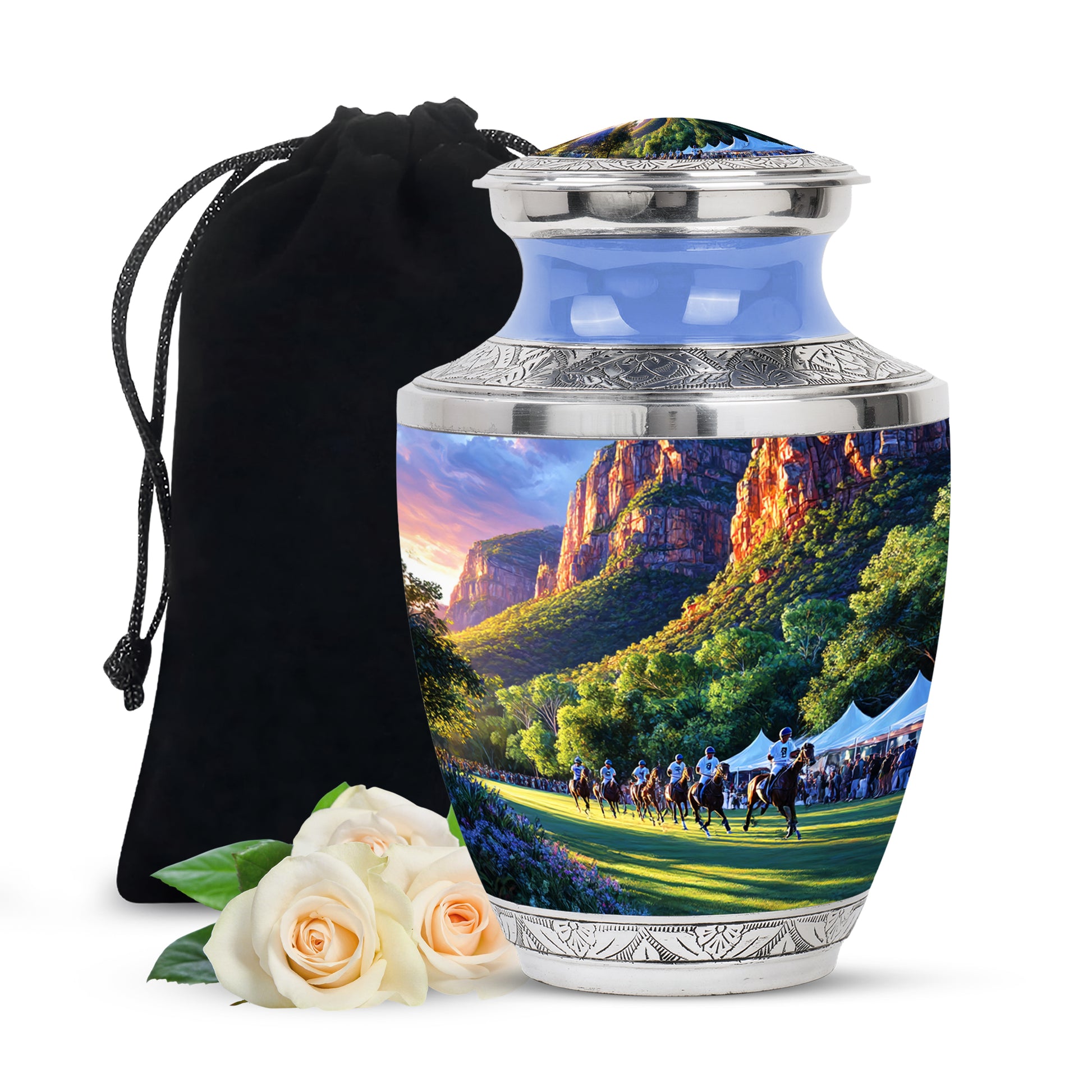 Royal Purple Horse Polo Cremation Urn side profile showing urn shape - artistic horse polo interpretation with creative detail - full-size 10 inch 200 cubic inch adult cremation urn