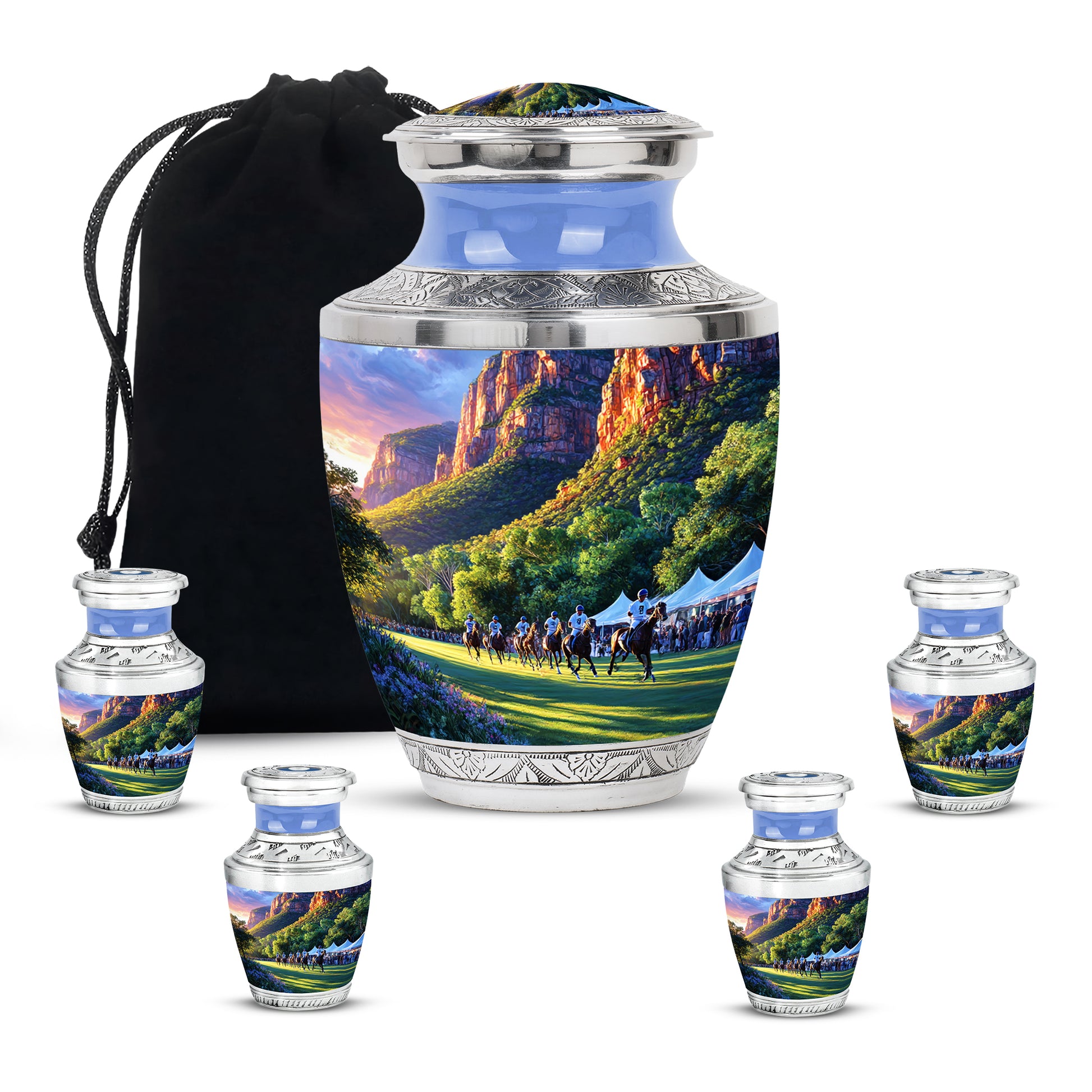 Orchid Purple Horse Polo Cremation Urn lifestyle display on memorial shelf - contemporary horse polo design with modern artistic flair - memorial set with one large and four small urns