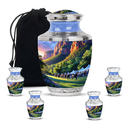 Orchid Purple Horse Polo Cremation Urn lifestyle display on memorial shelf - contemporary horse polo design with modern artistic flair - memorial set with one large and four small urns