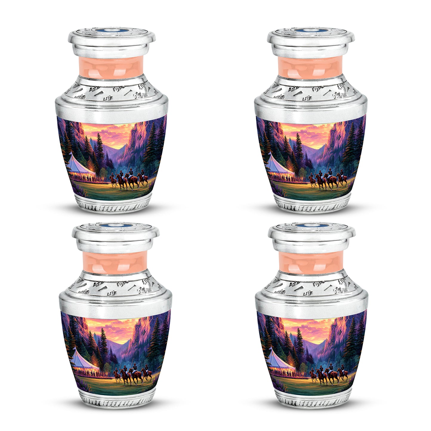 Harvest Gold Horse Polo Cremation Urn back view with polished surface - stylized abstract horse polo pattern with bold lines - 10 inch aluminum urn for cremated remains