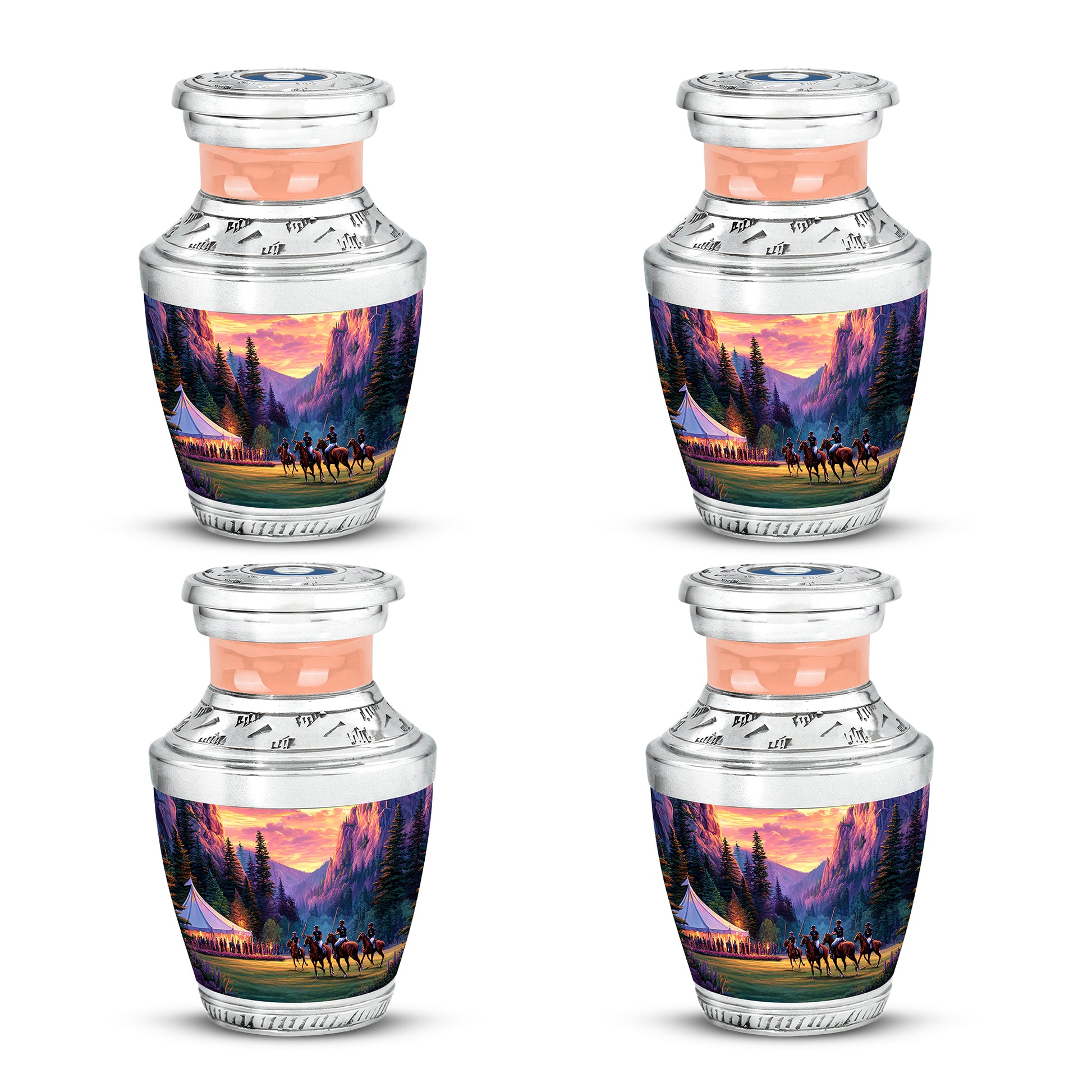 Harvest Gold Horse Polo Cremation Urn back view with polished surface - stylized abstract horse polo pattern with bold lines - 10 inch aluminum urn for cremated remains