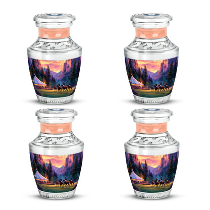 Harvest Gold Horse Polo Cremation Urn back view with polished surface - stylized abstract horse polo pattern with bold lines - 10 inch aluminum urn for cremated remains