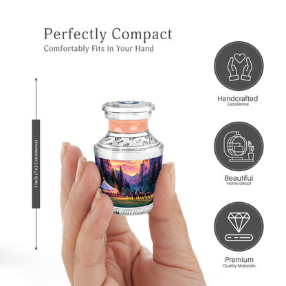 Warm Gold Horse Polo Cremation Urn top-down view of secure threaded lid - stylized abstract horse polo pattern with bold lines - mini keepsake memorial for portion of cremation ashes