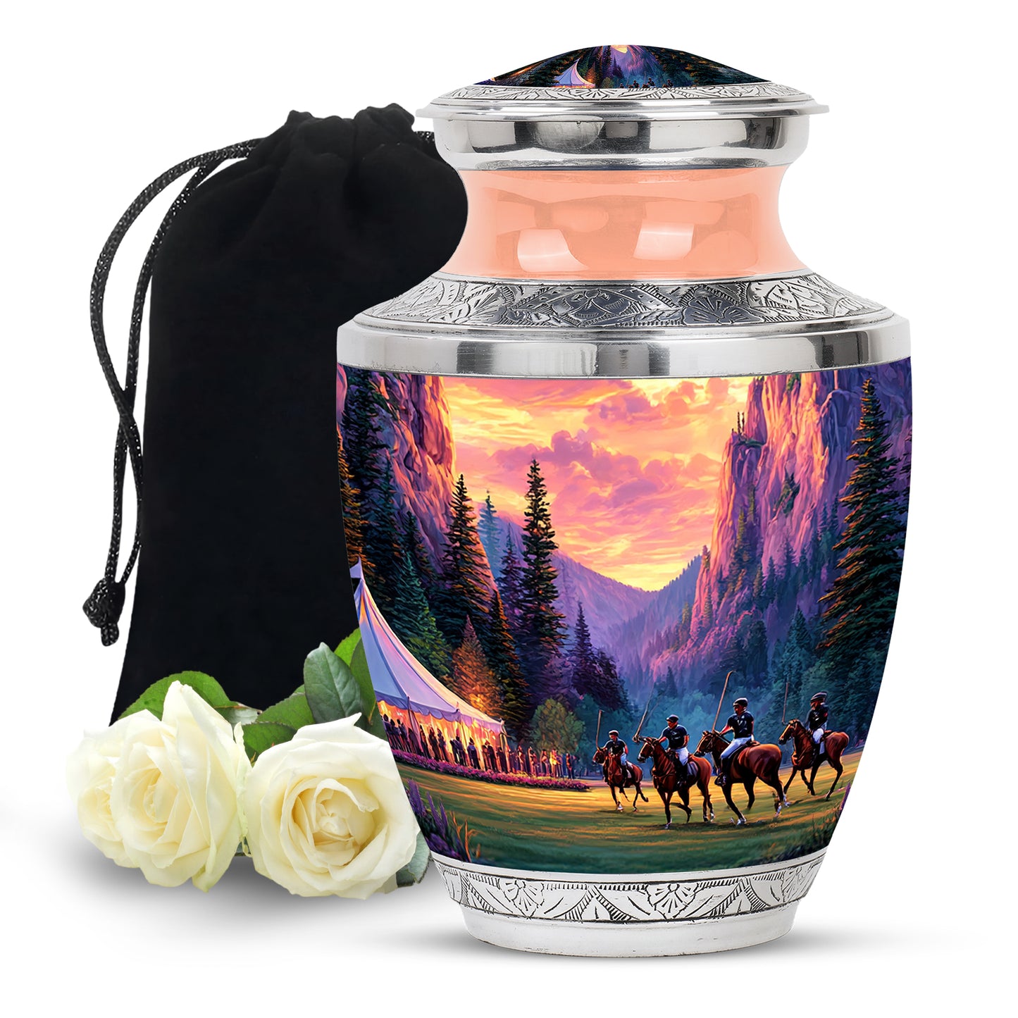 Amber Gold Horse Polo Cremation Urn side profile showing urn shape - contemporary horse polo design with modern artistic flair - full-size 10 inch 200 cubic inch adult cremation urn
