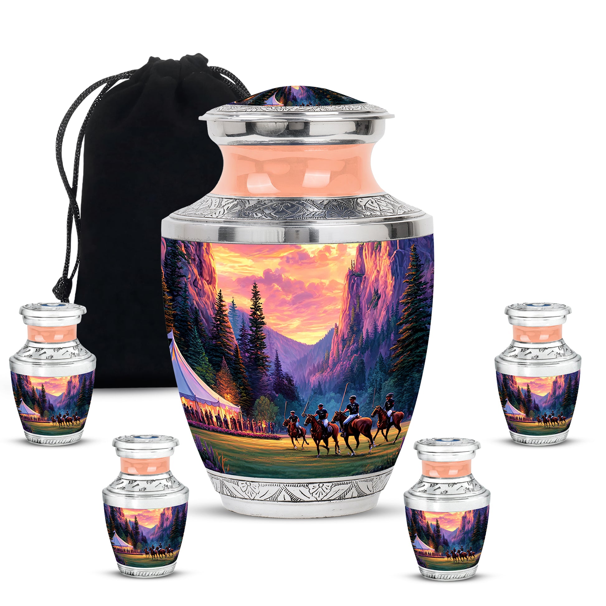 Amber Gold Horse Polo Cremation Urn lifestyle display on memorial shelf - contemporary horse polo design with modern artistic flair - memorial set with one large and four small urns