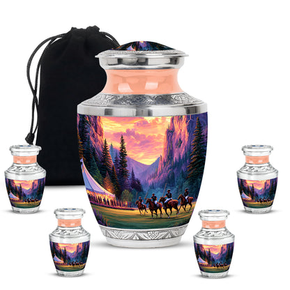 Amber Gold Horse Polo Cremation Urn lifestyle display on memorial shelf - contemporary horse polo design with modern artistic flair - memorial set with one large and four small urns