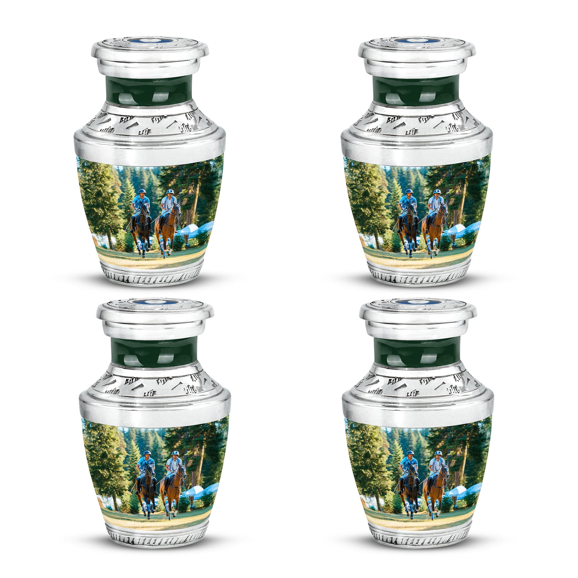 Hunter Green Horse Polo Cremation Urn back view with polished surface - artistic horse polo interpretation with creative detail - 10 inch aluminum urn for cremated remains