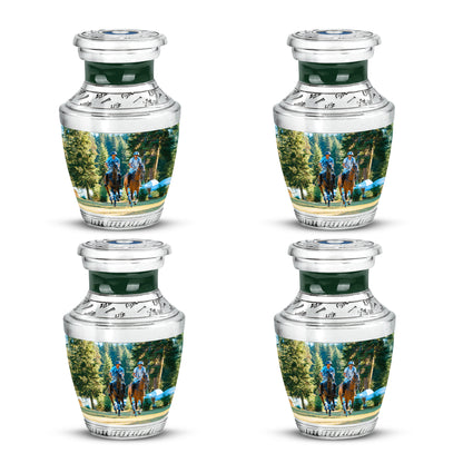 Hunter Green Horse Polo Cremation Urn back view with polished surface - artistic horse polo interpretation with creative detail - 10 inch aluminum urn for cremated remains