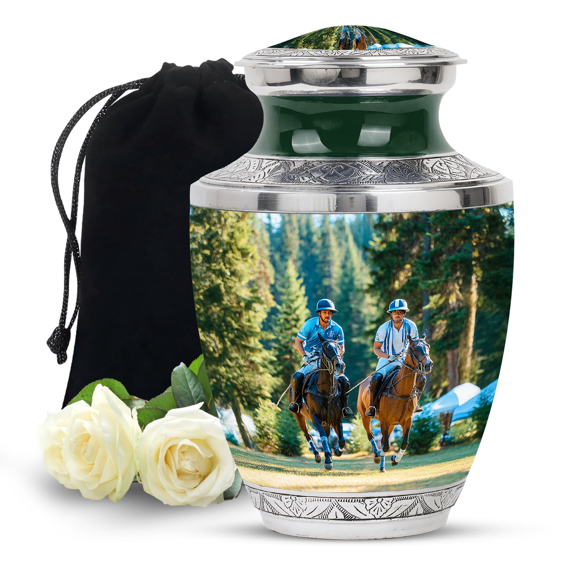 Emerald Green Horse Polo Cremation Urn side profile showing urn shape - modern art-inspired horse polo motif on sleek aluminum - full-size 10 inch 200 cubic inch adult cremation urn