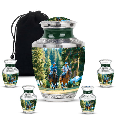 Emerald Green Horse Polo Cremation Urn lifestyle display on memorial shelf - modern art-inspired horse polo motif on sleek aluminum - memorial set with one large and four small urns