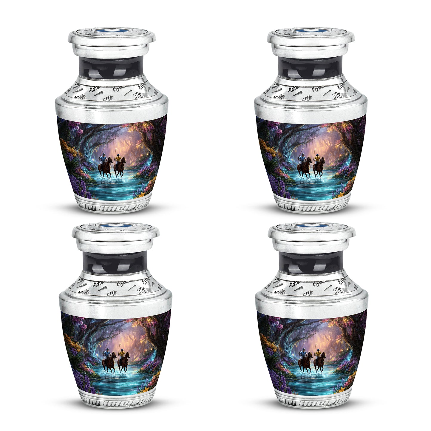 Deep Black Horse Polo Cremation Urn back view with polished surface - contemporary horse polo design with modern artistic flair - 10 inch aluminum urn for cremated remains