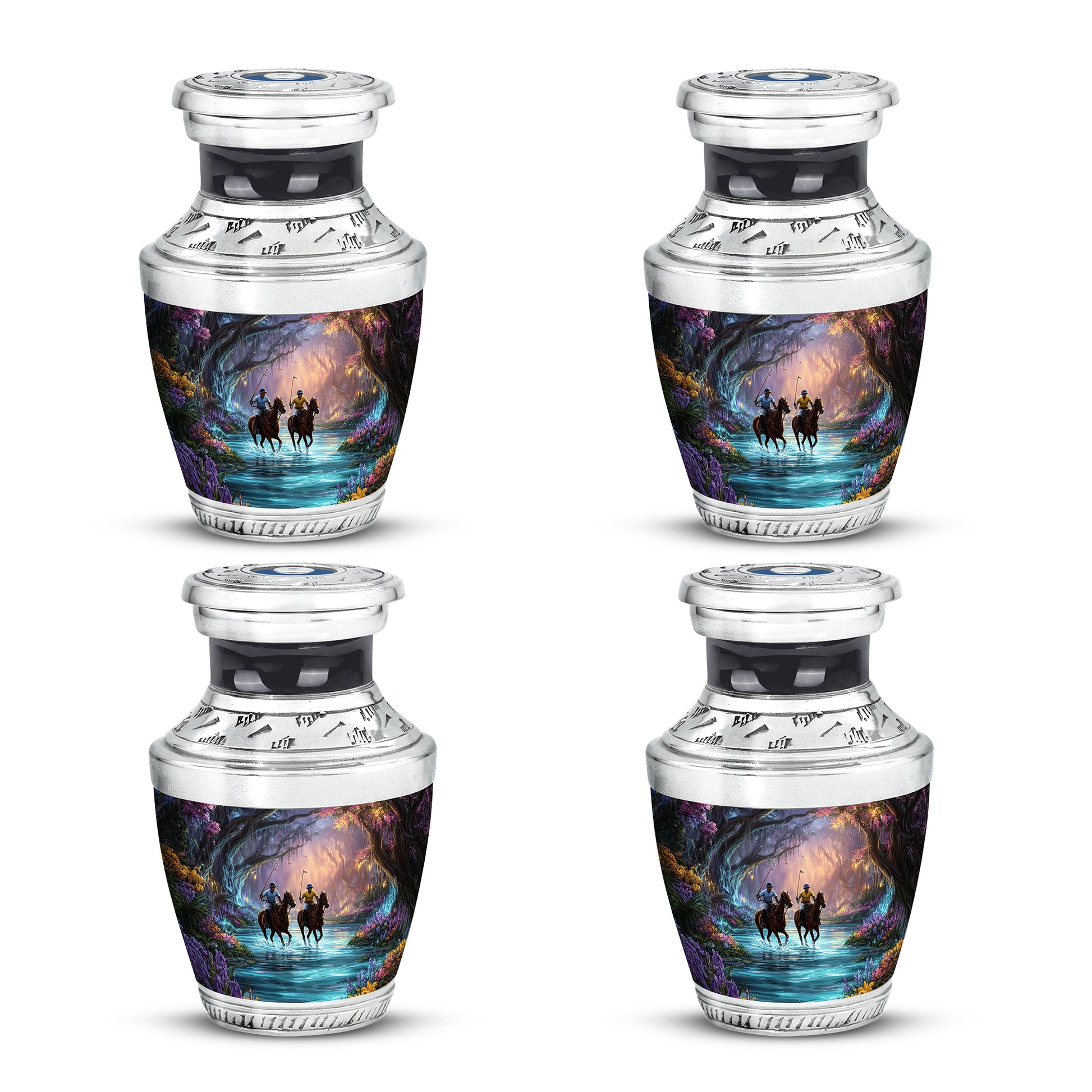 Deep Black Horse Polo Cremation Urn back view with polished surface - contemporary horse polo design with modern artistic flair - 10 inch aluminum urn for cremated remains